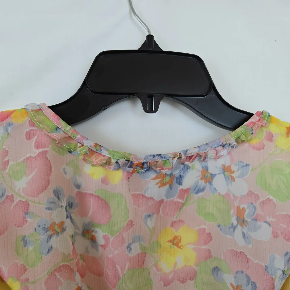 Ralph Lauren Girls Pink Yellow Floral Short Sleeve Ruffled Chiffon Dress Sz 7‎